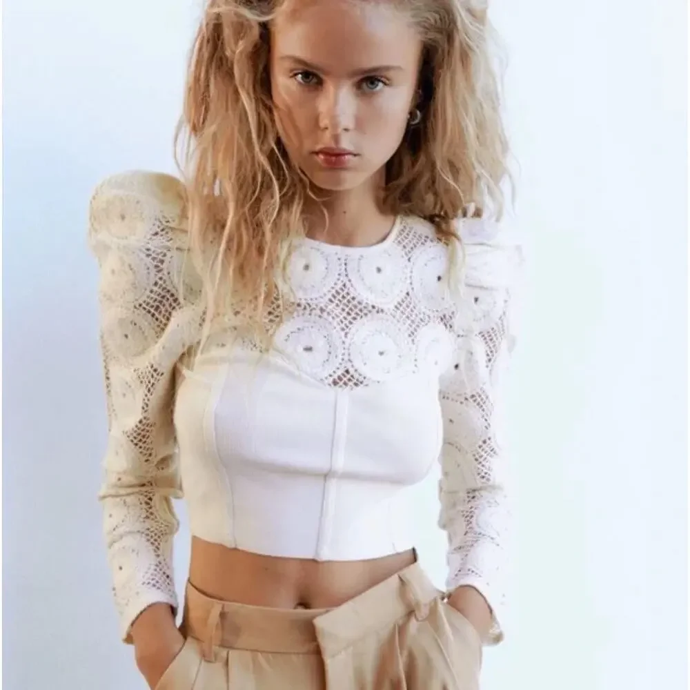 ZARA Combination Crochet Knit Corset Puff Shoulder Top Ivory Cream {F53}